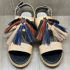 Saks Fifth Avenue Patent Sandals Women Size 8.5 Beige Maria Tasseled Sling Back